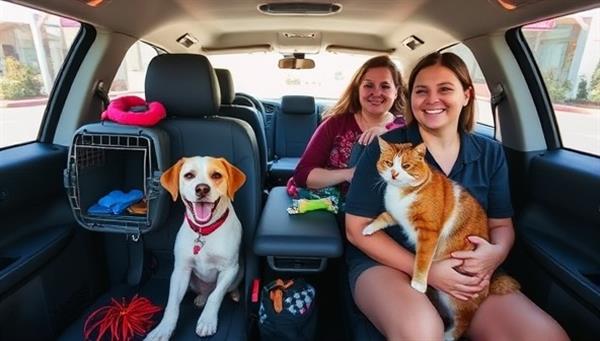 An interior view of a pet-friendly vehicle with comfortable pet carriers, pet seat belts, and pet toys, with a happy dog and cat enjoying the ride alongside their owners, creating a safe and joyful pet transportation experience with PawsPals Pet Rides.