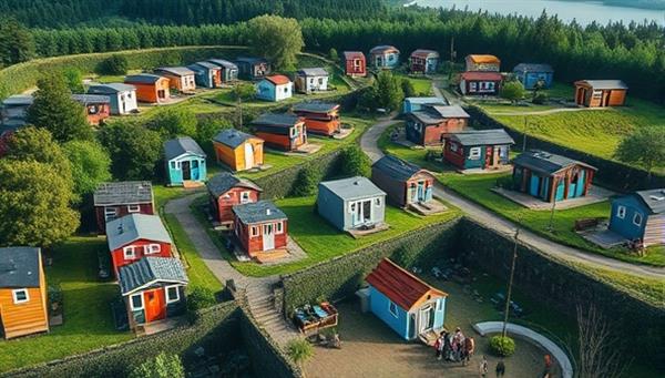 A scenic aerial view of a vibrant tiny house community nestled in a lush natural setting, showcasing the compact yet stylish homes, communal green spaces, and residents interacting outdoors, illustrating the harmonious and sustainable living environment fostered by MicroHaven Communities.