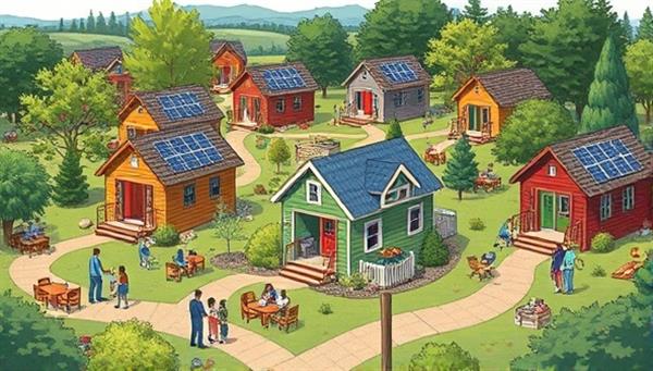 An artistic rendering of a vibrant tiny home community surrounded by greenery and solar panels, with residents engaging in outdoor activities and communal gatherings, illustrating the essence of EcoHaven Villages as a sustainable living sanctuary.