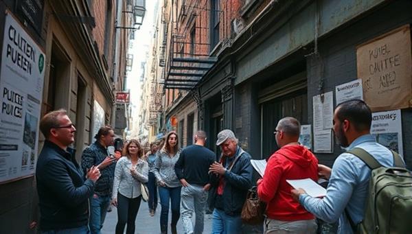 An urban cityscape scene with participants exploring a hidden alleyway filled with clues and puzzles, interacting with the environment and each other as they unravel the secrets of the city, capturing the adventurous spirit of CityQuest Expeditions