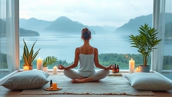 A serene and tranquil virtual wellness retreat setup with a professional wellness instructor leading a meditation session, surrounded by calming nature visuals, candles, essential oils, and cozy cushions, creating a peaceful and rejuvenating atmosphere for relaxation and mindfulness.