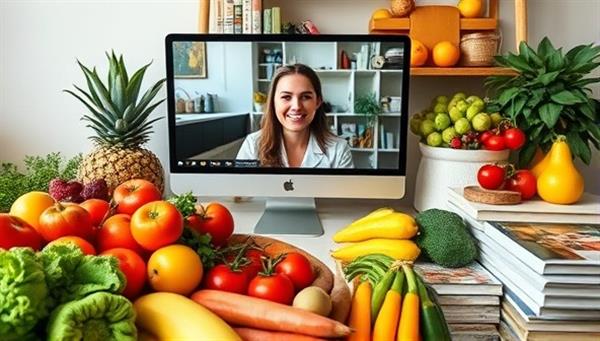 An interactive nutrition consultation session where a nutritionist discusses meal plans and wellness goals with a client via video call, surrounded by colorful fruits, vegetables, and recipe books, creating a vibrant and health-focused atmosphere.