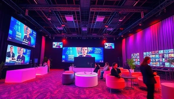 An immersive virtual event setup featuring interactive elements, live streaming screens, and networking lounges, creating a digital ambiance that captures the essence of innovative event planning solutions.