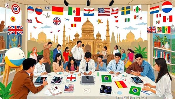A vibrant virtual language and culture exchange scene with participants engaging in language lessons, cultural activities, and virtual tours of international landmarks, connecting people from different backgrounds and languages in a dynamic and educational online environment that fosters global understanding and communication.