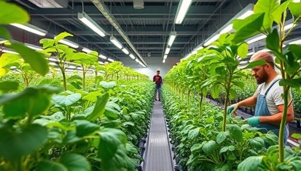 An urban indoor farm setup with rows of lush green hydroponic plants growing under LED lights, smart sensors monitoring plant health, and a farmer tending to the crops, illustrating sustainable agriculture in an urban setting.