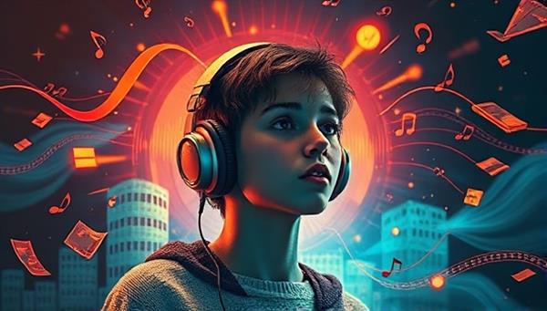 An artistic visualization of a person wearing headphones, immersed in a captivating audio story, with abstract sound waves and storytelling elements surrounding them, evoking a sense of auditory adventure and imagination.