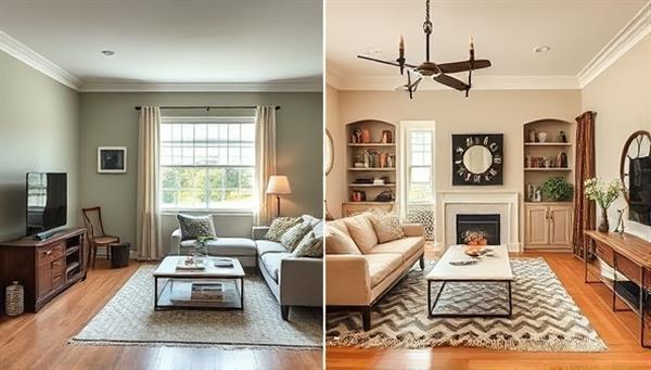 An inspiring digital collage showcasing a split-screen comparison of a dull, outdated room transformed into a stylish, modern living space, with side-by-side images highlighting the renovation process and design elements, capturing the essence of home improvement magic and transformation on the Renovate Showcase platform.