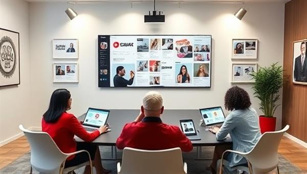 An aesthetically pleasing virtual boardroom with branding mood boards, sleek digital devices displaying social media profiles, and a diverse team brainstorming creative strategies, reflecting a modern and innovative approach to personal branding and image consulting.