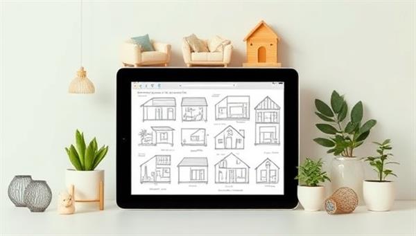 An artistic illustration of a variety of tiny house blueprints displayed on a digital tablet, surrounded by small-scale furniture models, plants, and decor elements, evoking creativity and inspiration for minimalist living.