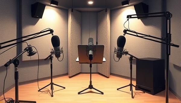An artistic depiction of a podcast studio setup with microphones, headphones, soundproofing panels, and recording equipment, creating a professional and immersive audio experience for beauty podcast hosts and guests, conveying the essence of beauty talk and industry insights.