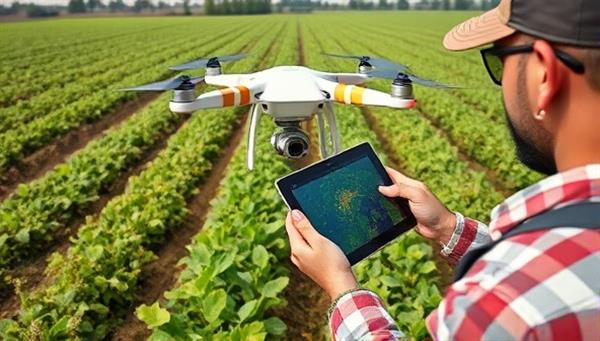 An agricultural field with a drone hovering above, capturing high-resolution images of crops, while a farmer monitors the data on a tablet, illustrating the seamless integration of technology in traditional farming practices.