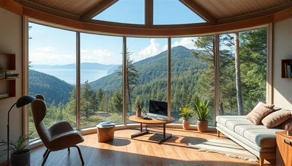 An immersive virtual retreat setting with tranquil nature views, writing desks, and cozy spaces for reflection and inspiration, creating a serene and creative atmosphere for writers to connect, create, and recharge during the online retreat experience.