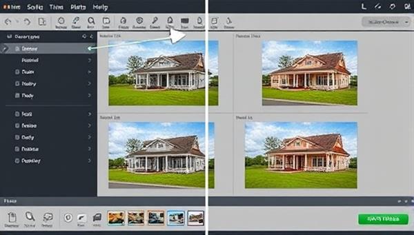 An image of a professional editing software interface with real estate photos displayed, highlighting the transformation from raw images to polished, visually appealing property listings.