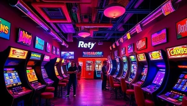A colorful and vibrant arcade lounge filled with retro arcade cabinets, neon lights, and patrons enjoying classic games and slot machines, creating a nostalgic and exciting atmosphere reminiscent of the RetroBet Arcade Lounge.