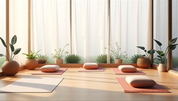 A serene visual representation of a virtual wellness retreat setting, featuring a tranquil virtual environment with yoga mats, meditation cushions, and natural elements, creating a peaceful and inviting atmosphere for relaxation and self-care.