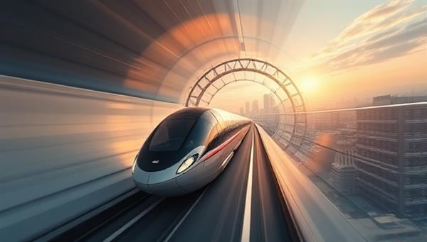 An artistic rendering of a sleek hyperloop pod speeding through a vacuum tube with a panoramic view of city skylines in the background, symbolizing the futuristic and efficient inter-city travel experience facilitated by HyperLink Transits