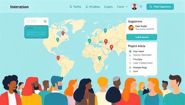 An interactive digital platform interface showcasing a map with pinned community projects, a suggestion box feature, and a live chat support option, surrounded by diverse avatars representing engaged citizens actively participating in discussions and initiatives.