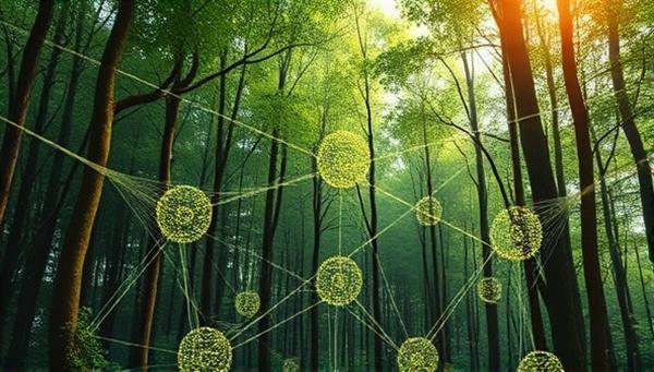 An artistic representation of a digital forest with interconnected web elements symbolizing the harmony between sustainable web design practices and environmental conservation, conveying the core values of EcoWeb Ethos through a visually compelling metaphor.