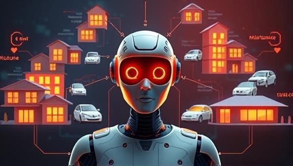 An imaginative visualization of a futuristic AI assistant managing multiple rental properties simultaneously, coordinating tenant interactions, maintenance requests, and rent collections with precision and efficiency, highlighting the innovative and automated nature of AI Rent Tech Solutions