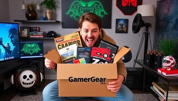 An exciting unboxing scene featuring a gamer opening their GamerGear Box, revealing a mix of gaming merchandise, collectibles, and digital goodies, surrounded by gaming-themed decorations and accessories, capturing the thrill and surprise of the subscription service.