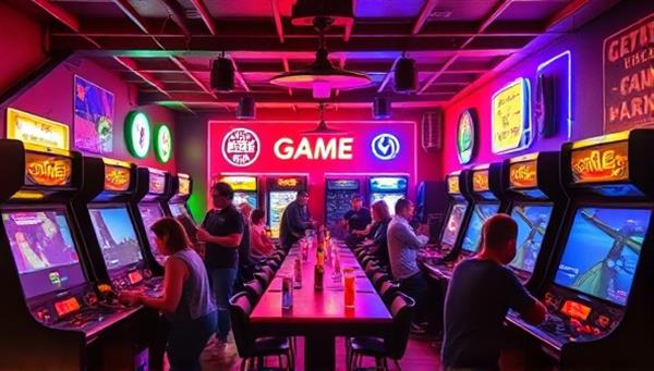 A retro-chic lounge ambiance featuring neon lights, vintage arcade cabinets, and patrons enjoying friendly gaming competitions while savoring colorful cocktails and retro snacks, evoking a nostalgic and vibrant gaming atmosphere.