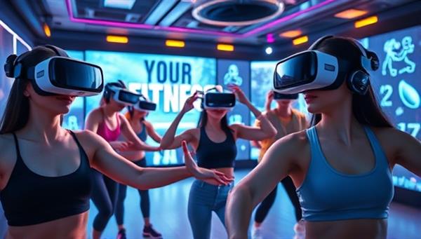 A captivating virtual reality fitness class scene, showcasing users wearing VR headsets and engaging in a high-energy workout session in a futuristic digital environment, surrounded by motivational graphics and immersive workout simulations, creating an exciting and dynamic fitness experience.