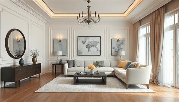 An elegant room visualization with virtual design elements overlaid, showcasing the potential of virtual interior design consultations to transform living spaces with style and functionality.