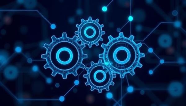 An illustration of interconnected gears symbolizing the seamless synchronization of talent and job opportunities facilitated by AI technology, representing efficiency and precision in talent matching.