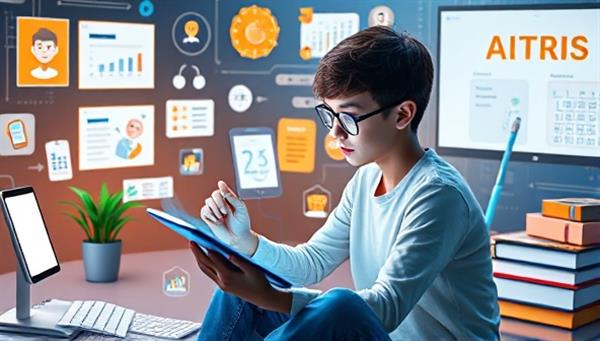 An engaging and futuristic visualization of AI-powered learning technology, featuring a student interacting with a digital tutor on a tablet, surrounded by interactive study materials and educational animations, illustrating a personalized and immersive learning experience.