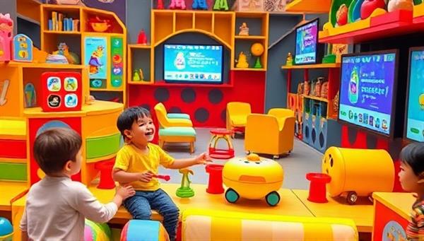 An interactive play zone filled with colorful toys, digital screens with educational games, and children laughing and playing together, capturing the essence of fun and learning in a vibrant environment.