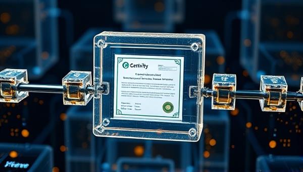 A futuristic visual of transparent blockchain blocks forming a secure chain around a digital certification document, symbolizing trust, transparency, and security in the verification process within the BlockVerify platform.