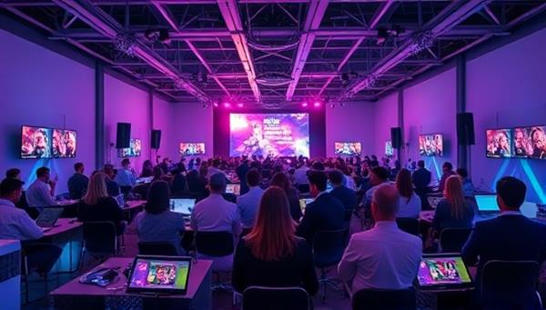 An immersive virtual event setup with attendees engaged in interactive activities, dynamic visuals, and real-time networking, capturing the essence of virtual event planning and innovative online experiences.