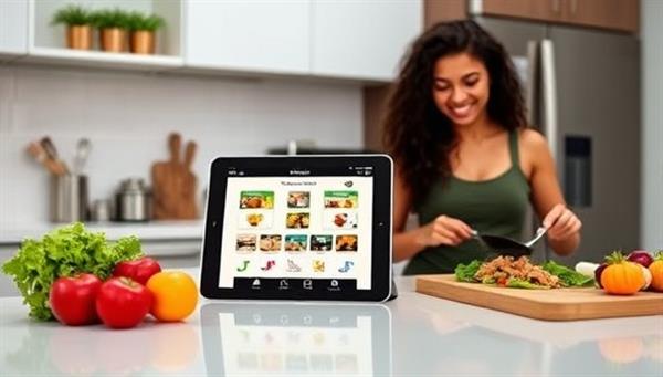 A sleek and modern kitchen counter with fresh ingredients, a tablet displaying the SmartMealPlan app, and a person happily cooking a nutritious meal, showcasing convenience and health-conscious choices.