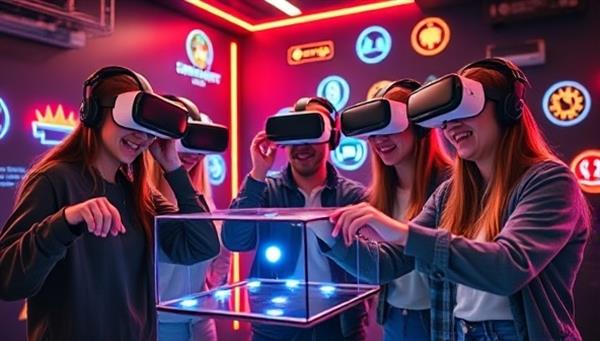 A group of friends wearing VR headsets, enthusiastically working together to solve a virtual puzzle in a futuristic digital escape room setting, with glowing symbols and interactive elements surrounding them.