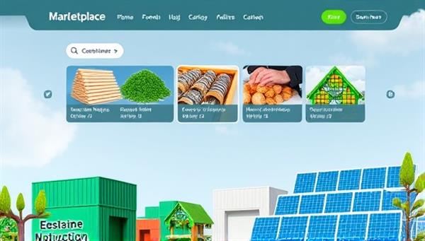 An online marketplace interface showcasing a variety of sustainable construction materials, accompanied by images of green buildings and solar panels, symbolizing the commitment to eco-friendly building practices.