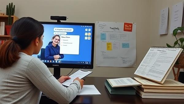 An online language tutoring session featuring a tutor and student engaging in a virtual lesson, with language textbooks and digital resources visible on the screen, creating an immersive and interactive language learning experience in a virtual setting.