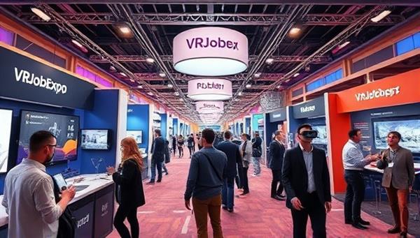 An immersive virtual reality job fair scene with job seekers exploring interactive booths, attending virtual seminars, and engaging in networking activities, all within a vibrant and futuristic virtual environment, showcasing the cutting-edge technology and dynamic interactions of VRJobExpo.