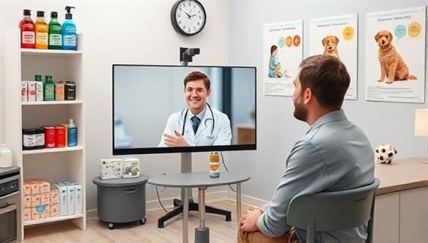 A virtual consultation room setting with a veterinarian and a pet owner engaging in a video call, surrounded by pet care products, informative posters on pet health, and a happy pet companion in the background, conveying a sense of compassion, expertise, and pet-friendly care.