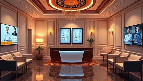 An elegant virtual waiting room setting with a concierge desk, digital screens displaying medical information, and a luxurious ambiance, conveying professionalism and personalized care in telemedicine services.