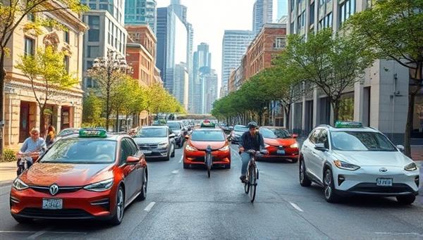 A vibrant, eco-friendly cityscape with electric cars and bicycles sharing the road, showcasing a green and sustainable urban transportation scene.
