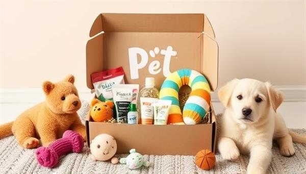 An adorable pet-themed subscription box with a variety of pet wellness products neatly arranged, surrounded by playful pet toys and cozy bedding, creating a heartwarming and inviting scene for pet owners.