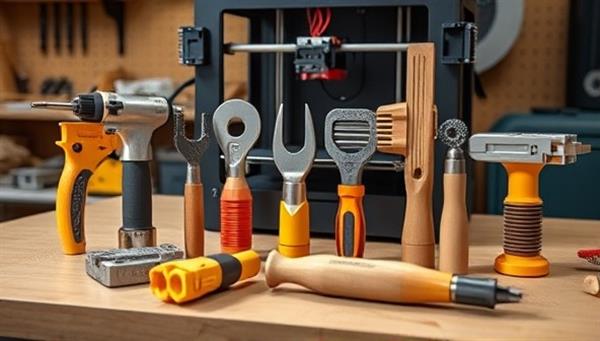 A collection of 3D printed construction tools displayed on a workbench, showcasing the intricate designs and customized features of the tools, with a 3D printer in the background producing a new tool, highlighting the innovation and versatility of 3D printed construction tools.