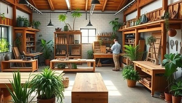 A workshop setting with artisans crafting furniture from reclaimed wood, surrounded by plants, natural light, and eco-friendly tools, showcasing the beauty of sustainable manufacturing.