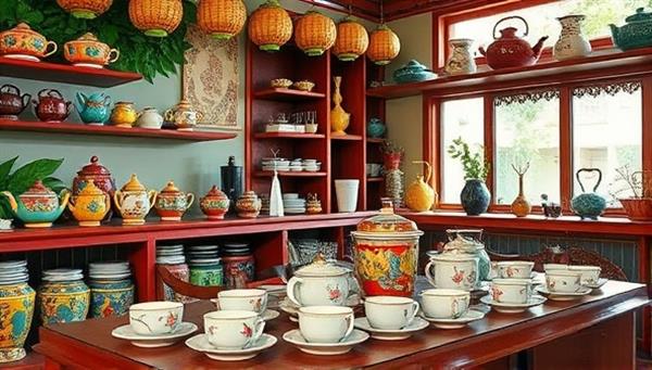 A vibrant tea house setting with colorful teapots, delicate tea cups, and diverse cultural decor elements, inviting guests to embark on a sensory journey through the rich tapestry of global tea traditions.