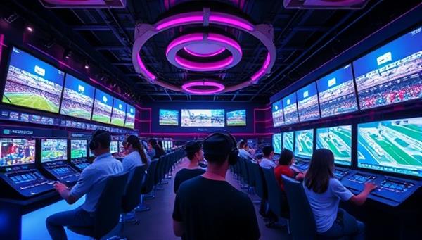 An immersive VR arena with futuristic design elements, customers wearing VR headsets engaged in virtual sports betting, surrounded by digital displays showing dynamic VR environments, creating a high-tech and interactive atmosphere.
