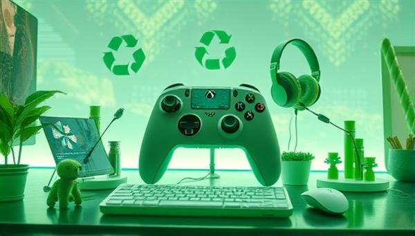 An artistic rendering of GreenGamer Gear products made from sustainable materials, featuring a biodegradable controller, recyclable headset, and energy-efficient peripherals in a futuristic and eco-conscious gaming setup, highlighting the brand