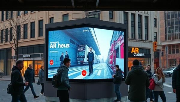 An urban street corner featuring a digital billboard displaying an AR advertisement that interacts with passersby, eliciting awe and curiosity, capturing the essence of immersive AR advertising.
