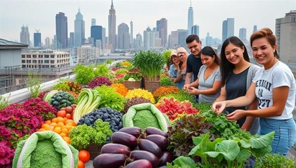 A vibrant rooftop garden bursting with colorful vegetables, with a group of smiling customers harvesting fresh produce under the city skyline, capturing the essence of urban farming and community engagement.