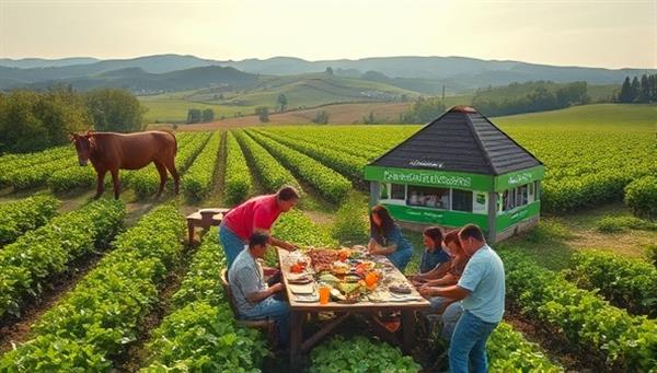 A serene countryside retreat setting with GreenHarvest Escapes branding, featuring participants engaging in farm activities like harvesting vegetables, feeding animals, and enjoying a communal outdoor meal, surrounded by lush greenery and rolling hills, embodying the essence of sustainable agro-tourism retreats.