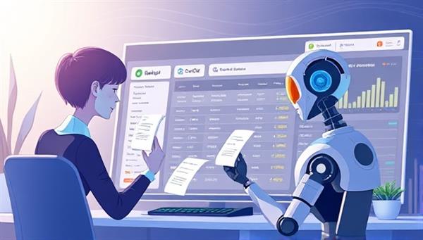 An animated illustration of a futuristic AI assistant organizing digital receipts and categorizing expenses on a sleek dashboard, symbolizing efficiency and automation in expense tracking.